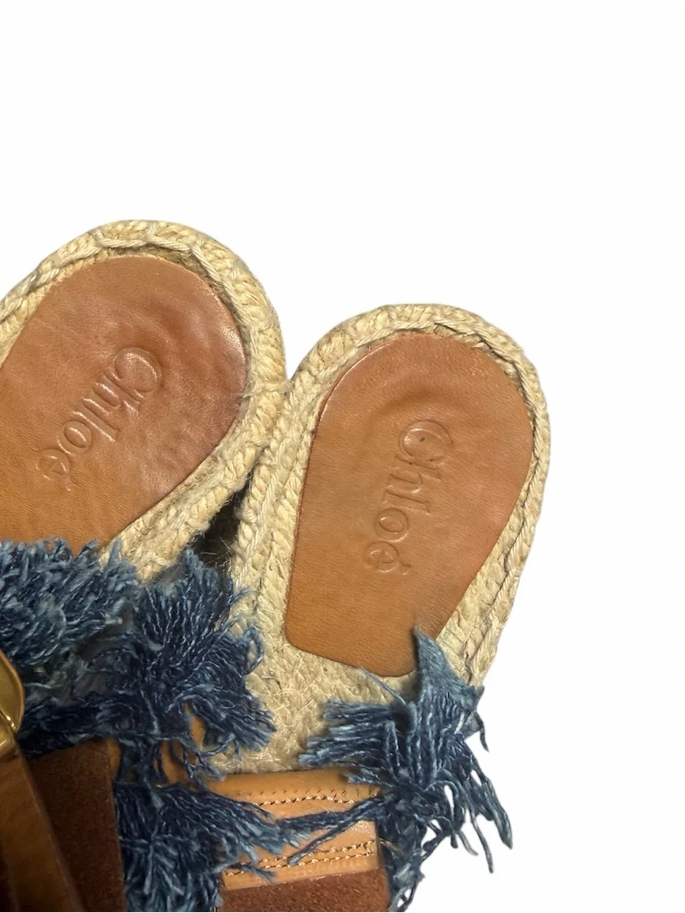 Chloé Blue Denim Fringe Wedge Sandals Size EU 36